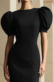 Black Sheath Puff Sleeve Midi Formal Dress
