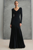 V Neck Black Crepe Chiffon Long Formal Dress with Ruffles