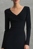 V Neck Black Crepe Chiffon Long Formal Dress with Ruffles
