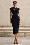 Black Sheath Cut Out Midi Formal Dress with Short Sleeve
