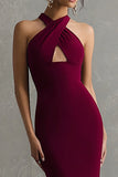 Burgundy Halter Mermaid Crepe Long Formal Dress
