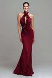 Halter Mermaid Keyhole Long Burgundy Formal Dress with Ruffles