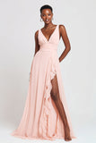 Pink V-Neck A Line Maxi Ruffled Formal Dress
