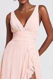 Pink V-Neck A Line Maxi Ruffled Formal Dress