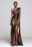 Brown Sheath One Shoulder Ruched Maxi Formal Dress with Slit