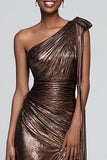 Brown Sheath One Shoulder Ruched Maxi Formal Dress with Slit