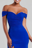 Royal Blue Off the Shoulder Sheath Maxi Formal Dress with Slit