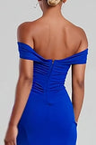 Royal Blue Off the Shoulder Sheath Maxi Formal Dress with Slit