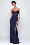 Navy Corset Sweetheart Sheath Maxi Formal Dress with Lace