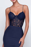 Navy Corset Sweetheart Sheath Maxi Formal Dress with Lace