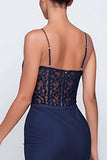 Navy Corset Sweetheart Sheath Maxi Formal Dress with Lace
