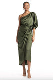 Olive Satin Sheath One Shoulder Midi Formal Dress