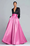 Black and Fuchsia V-Neck A Line Maxi Formal Dress with Sleeves
