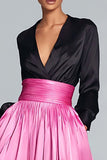 Black and Fuchsia V-Neck A Line Maxi Formal Dress with Sleeves