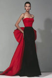 Black and Red Strapless Sheath Maxi Formal Dress with Bow
