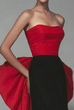 Black and Red Strapless Sheath Maxi Formal Dress with Bow