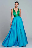 Green and Blue V-Neck A Line Formal Dress