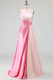 Pink Satin One Shoulder Patchwork A Line Long Formal Dress