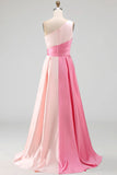 Pink Satin One Shoulder Patchwork A Line Long Formal Dress