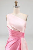 Pink Satin One Shoulder Patchwork A Line Long Formal Dress