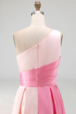 Pink Satin One Shoulder Patchwork A Line Long Formal Dress