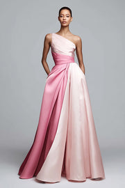 Pink Satin One Shoulder Patchwork A Line Long Formal Dress