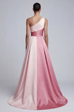 Pink Satin One Shoulder Patchwork A Line Long Formal Dress