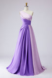 Pink Satin One Shoulder Patchwork A Line Long Formal Dress