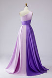 Pink Satin One Shoulder Patchwork A Line Long Formal Dress