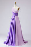 Pink Satin One Shoulder Patchwork A Line Long Formal Dress