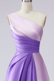 Pink Satin One Shoulder Patchwork A Line Long Formal Dress