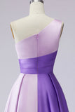 Pink Satin One Shoulder Patchwork A Line Long Formal Dress