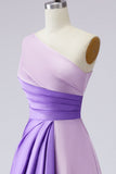 Pink Satin One Shoulder Patchwork A Line Long Formal Dress