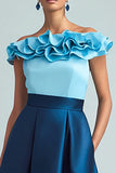Sky Blue and Dark Blue Off The Shoulder A Line Formal Dress