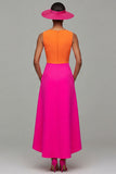 Orange And Fuchsia A Line V Neck Long Formal Dress with Bow
