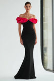 Black and Fuchsia Mermaid Ruffled Off the Shoulder Long Formal Dress