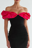 Black and Fuchsia Mermaid Ruffled Off the Shoulder Long Formal Dress