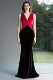 Black and Fuchsia Mermaid Velvet V-Neck Long Formal Dress