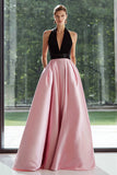 Black and Pink Satin Halter A Line Long Formal Dress with Pockets