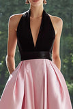 Black and Pink Satin Halter A Line Long Formal Dress with Pockets