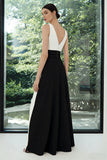 Black and White V-Neck A Line Patchwork Long Formal Dress