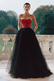 Black and Red Ball Gown Strapless Corset Tulle Maxi Formal Dress with Pockets