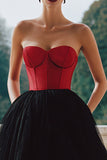 Black and Red Ball Gown Strapless Corset Tulle Maxi Formal Dress with Pockets