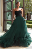 Black and Green Tulle Ball Gown Pleated Strapless Long Formal Dress