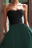 Black and Green Tulle Ball Gown Pleated Strapless Long Formal Dress