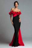 Black and Red Mermaid Ruffled Off the Shoulder Long Formal Dress with Slit