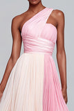Pink One Shoulder A Line Chiffon Long Formal Dress with Pleats