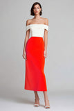 Ivory and Orange Off the Shoulder Sheath Midi Formal Dress