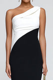 Simple Black and White One Shoulder Patchwork Long Formal Dress