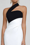 Simple Black and White Mermaid One Shoulder Long Formal Dress